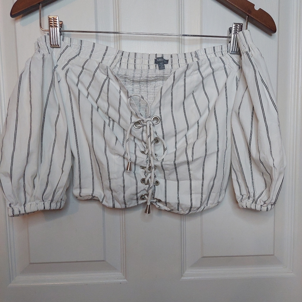 Charlotte Russe White Railroad Stripe Off Shoulder Crop Top Ruched Lace Up Sz XS